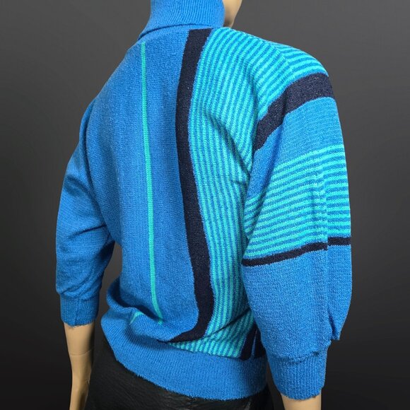 Vintage 80s Blue Striped Sweater Size M Dolman Sleeve Turtleneck New Wave - Picture 7 of 10